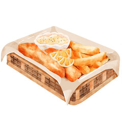 PNG fish and chips on basket with lemon and sauce