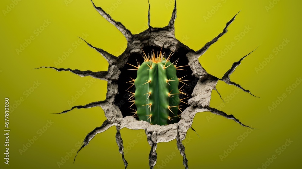 Aufkleber a cactus in the middle of a hole in the ground with a green wall behind it and a hole in the middle 