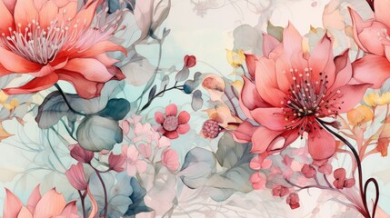  a painting of a bunch of flowers on a white and blue background with pink and yellow flowers on the left side of the frame.