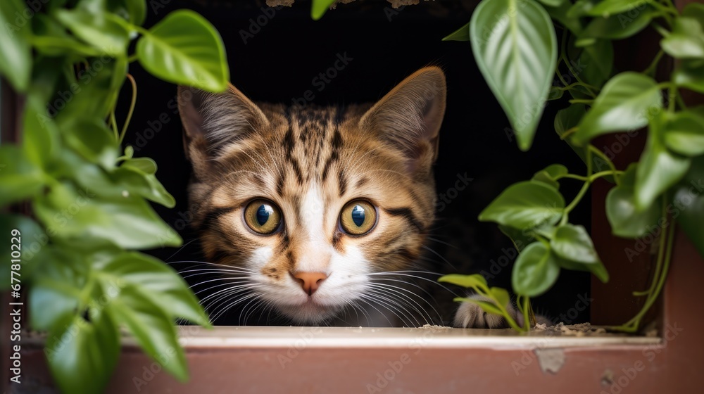 Poster a close up of a cat looking out of a window with a plant in the foreground and a potted plant in the