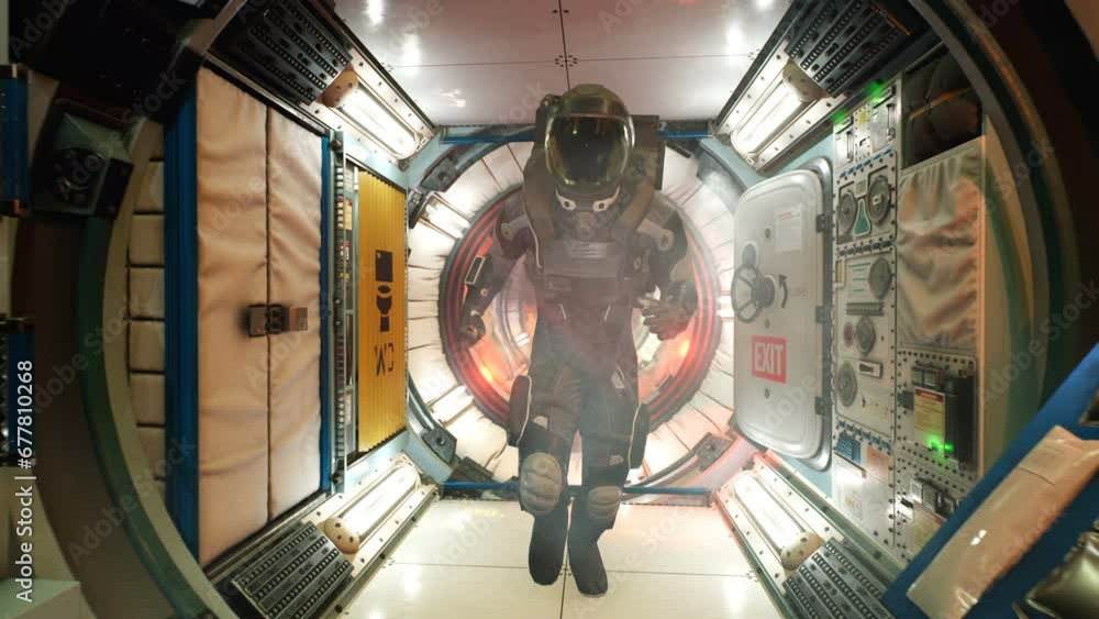Wall mural a lone astronaut dashes through a blazing space module, chased by a catastrophic spaceship explosion