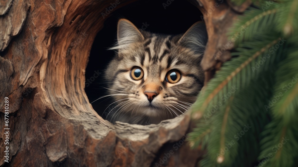 Poster a close up of a cat looking out of a hole in a tree trunk with a pine tree in the foreground and a p