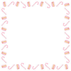 Pink New Year's candy canes, macarons. Watercolor hand drawn square frame with Christmas sweets. Winter symbols for holiday season prints for packing for pastry shop, bakery, invitations, cards