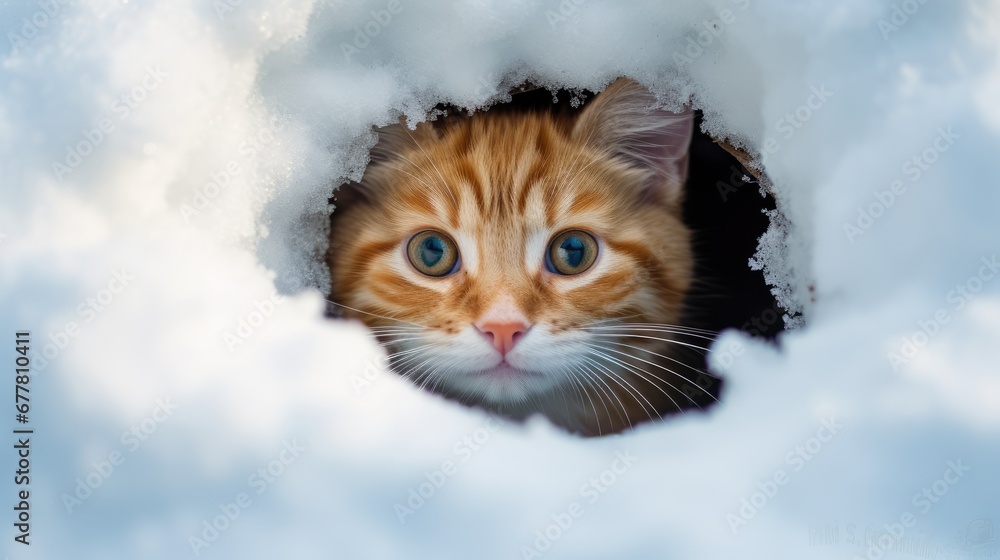 Poster a close up of a cat looking out of a hole in the snow with snow on the top and bottom of the hole an