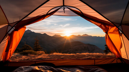 Sunrise view from inside a tent overlooking mountains. - obrazy, fototapety, plakaty