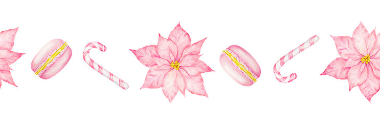 Pink poinsettia, New Year's candy canes, macarons. Watercolor hand drawn seamless border with Christmas sweets. Winter symbols for holiday season prints for packing for pastry shop, bakery, invitation