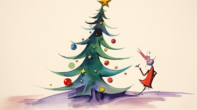  a watercolor painting of a christmas tree with a little girl standing next to it and a star on top of it.