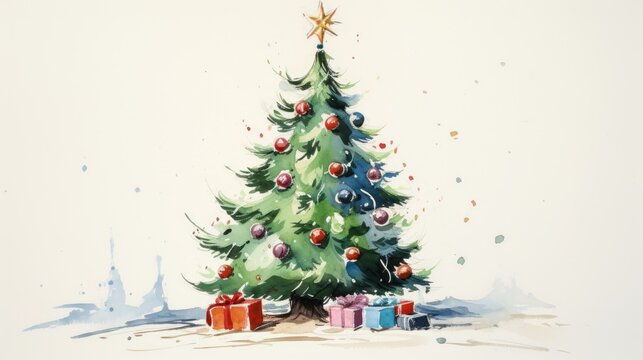  a watercolor painting of a christmas tree with presents in front of it and a star on top of it.