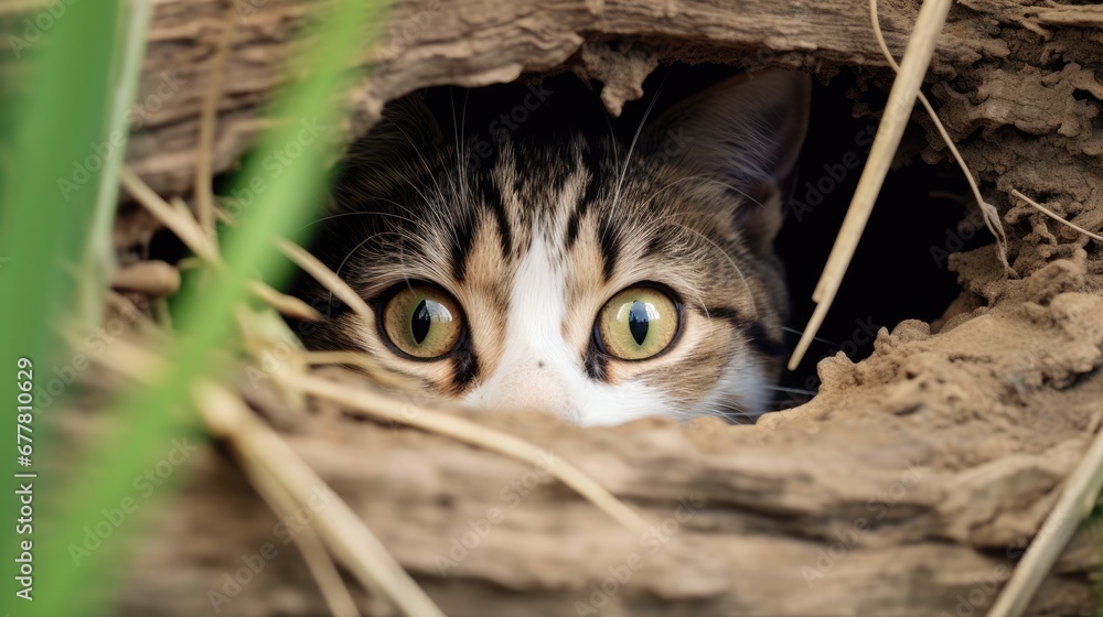Poster a close up of a cat peeking out of a hole in a tree trunk with grass in the foreground and a green e