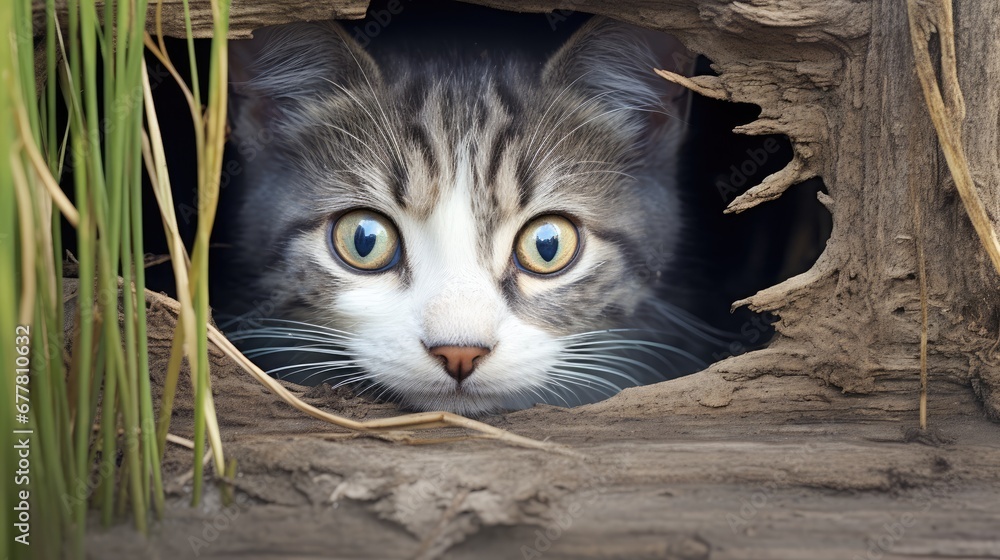 Poster  a close up of a cat looking out of a hole in a tree stump with grass in the foreground and another cat in the background looking out of the hole.