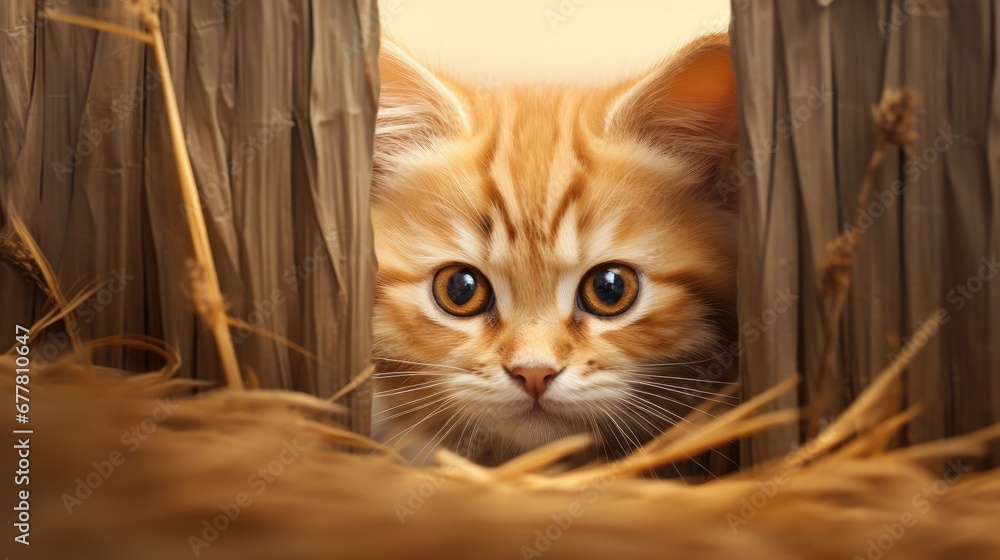 Poster a close up of a cat peeking out from behind a fence with a grass field in the foreground and a white
