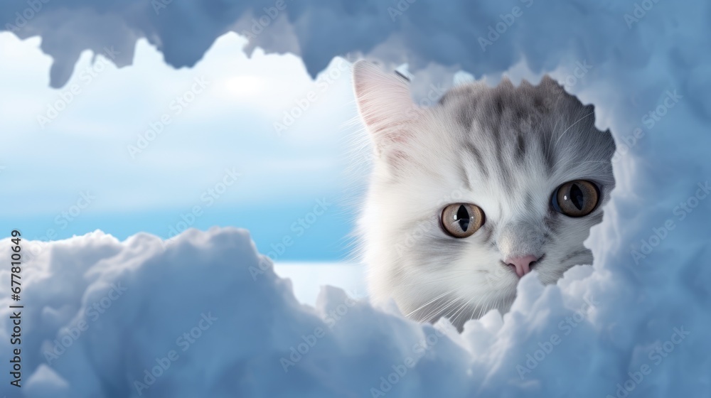 Poster a close up of a cat looking out of a hole in a pile of snow with a blue sky in the background and a 
