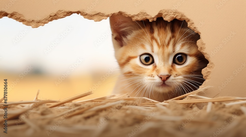 Poster a close up of a kitten looking out of a hole in a cardboard box with straw on the floor and a blurry