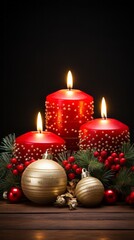 Christmas burning red candles surrounded by holly leaves and various holiday trinkets