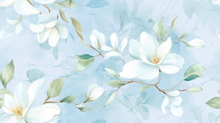 Fototapeta na wymiar a painting of white flowers with green leaves on a blue background with a pattern of leaves and flowers on a light blue background.