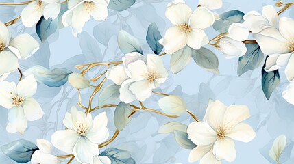  a blue and white floral wallpaper with white and blue flowers on a light blue background with leaves and stems.