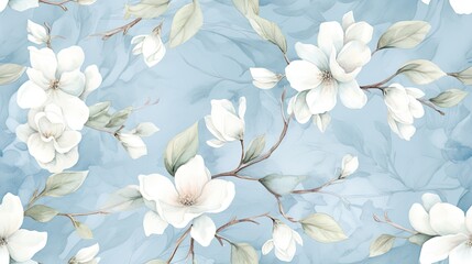 Fototapeta na wymiar a blue and white floral wallpaper with leaves and flowers on a light blue background with leaves and flowers on a light blue background.
