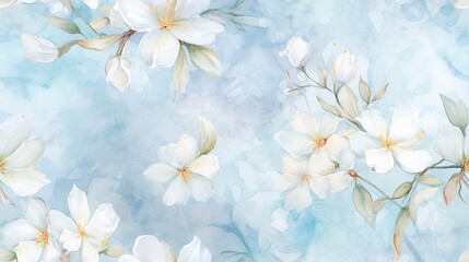  a watercolor painting of white flowers on a blue and white watercolor background with a light blue sky in the background.