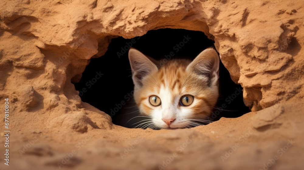 Poster a close up of a cat looking out of a hole in a rock formation with its eyes wide open and looking at