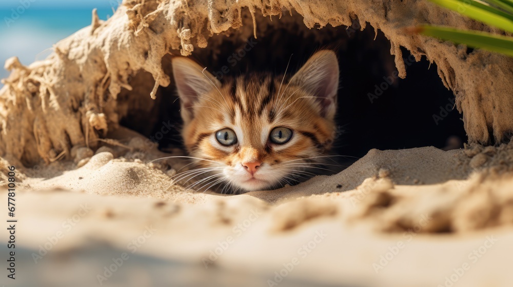 Poster a small kitten peeks out of a hole in the sand on a beach with a palm tree in the foreground and a b