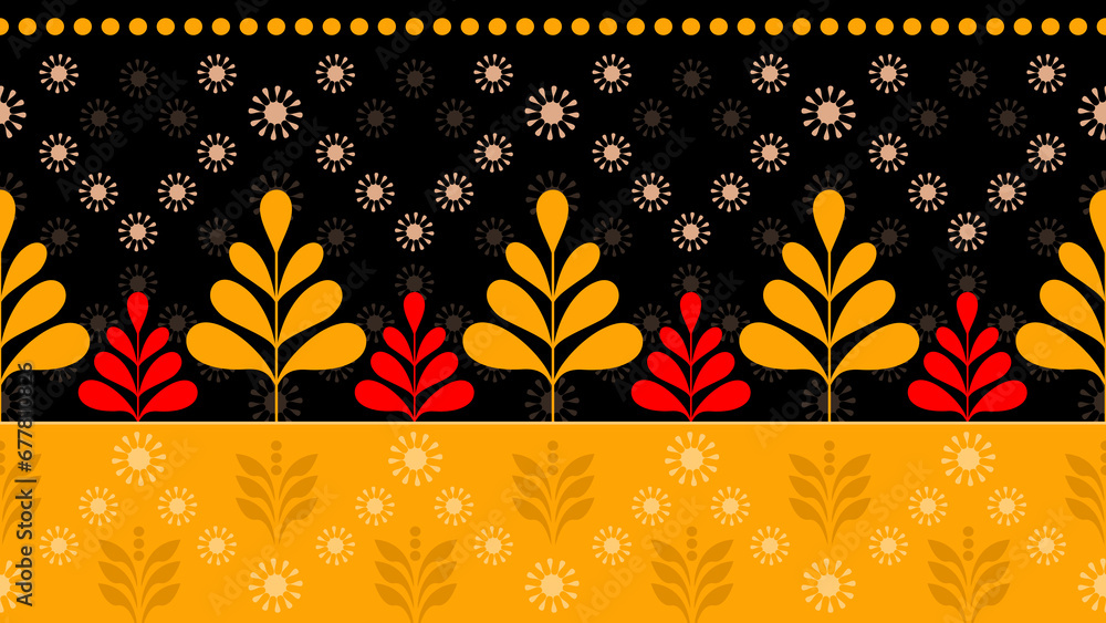 Wall mural Decorative flower border. Bright seamless pattern with elements of leaves, flowers, dots, yellow, red on a black background.