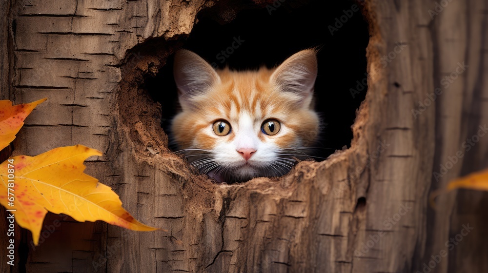Poster a close up of a cat looking out of a hole in a tree trunk with a leaf on the other side of the hole 