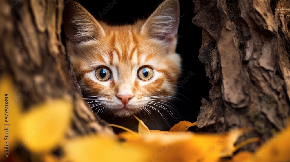 Poster a close up of a kitten peeking out of a hole in the bark of a tree with yellow leaves on the ground 