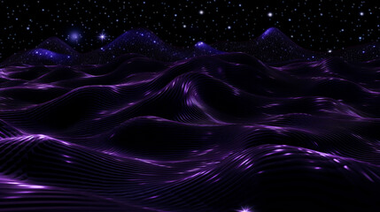 Néon effet flou, fumée, vague en mouvement, violet sur fond noir, sombre. Particules scintillantes et brillantes dorées. Espace pour conception et création graphique, bannière.