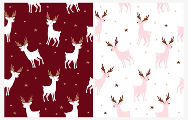 Winter Holidays Seamless Vector Pattern with Cute Happy Reindeer and Stars.Little Stag isolated on a White and Dark Red Background. Christmas Print ideal for Wrapping Paper.Lovely Cartoon of Deer.Rgb.