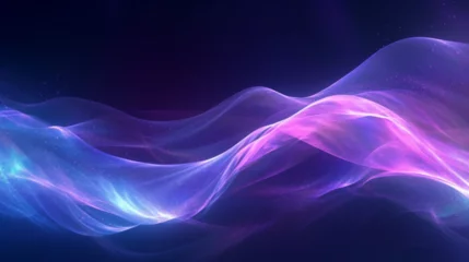 Foto op Plexiglas Néon effet flou, fumée, vague en mouvement, violet sur fond noir, sombre. Particules scintillantes et brillantes dorées. Espace pour conception et création graphique, bannière. © FlyStun