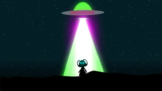 Allian Land From Ufo On Earth. Cartoon Animation Of Ufo Flying And Allien Landing In The Night On Earth. Futuristic Science Fiction Background, Allian Contact With Human 