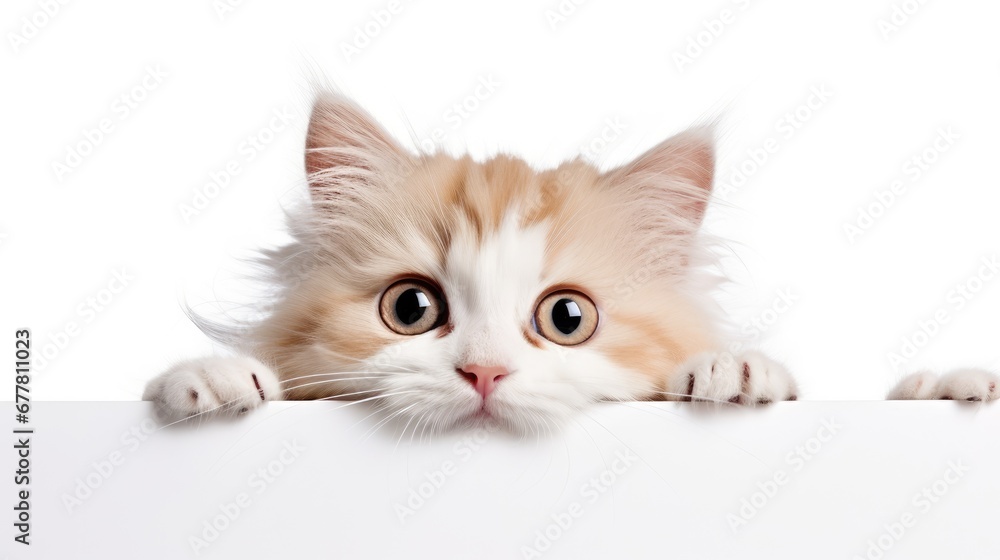 Poster a close up of a cat on a white surface looking over a wall with its paws on the edge of the wall and