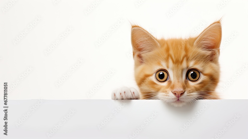 Poster a close up of a cat peeking over a wall with it's paw on the edge of a white board with its paw on t