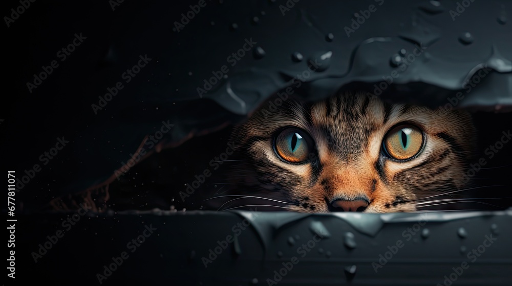 Poster a close up of a cat looking out of a window with raindrops on it's glass and it's face looking at th