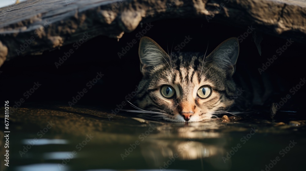 Poster a close up of a cat near a body of water with a log in the background and a blue eyed cat looking at