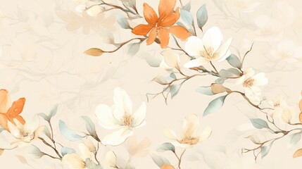 Fototapeta na wymiar a floral wallpaper with orange and white flowers on a light pink background with leaves and flowers on a light pink background.