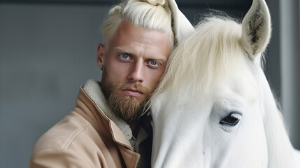 Bearded albino man with horse albino close up portrait - obrazy, fototapety, plakaty