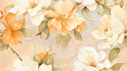  a painting of yellow and white flowers on a beige background with a green leafy branch in the center of the picture.