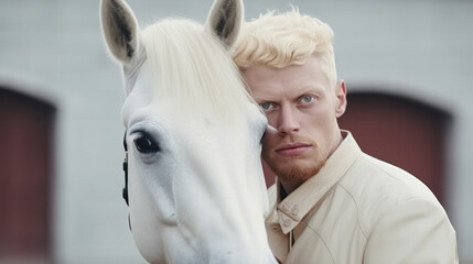 albino man with horse albino close up portrait - obrazy, fototapety, plakaty