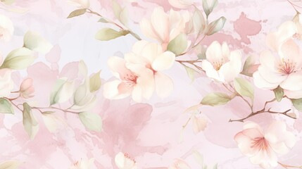  a pink floral wallpaper with white flowers and green leaves on a pale pink background with white and green leaves on a pale pink background.