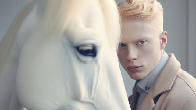 albino man with horse albino close up portrait