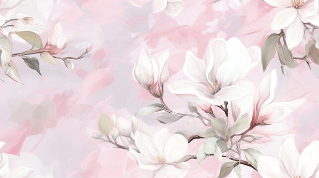  a painting of a bunch of flowers on a pink and white background with a light pink background and white flowers on the left side of the image.