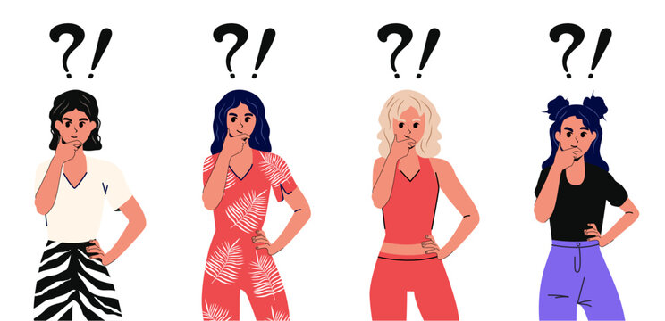 A set of girls who are thoughtful. There are question marks and exclamation marks above the heads. Vector stock illustration. Isolated. White background.