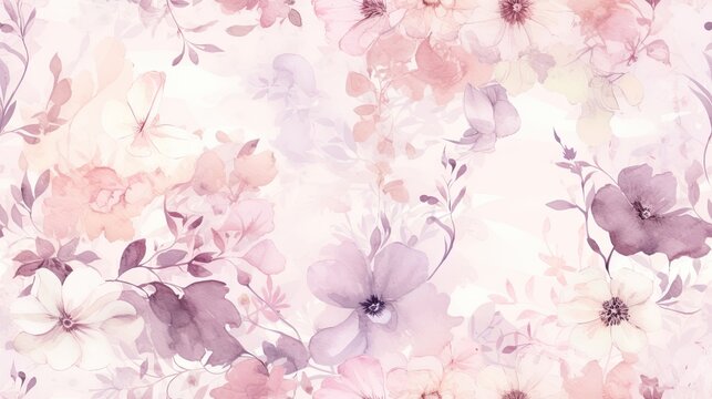  a watercolor painting of pink and purple flowers on a light pink background with leaves and flowers on a light pink background.