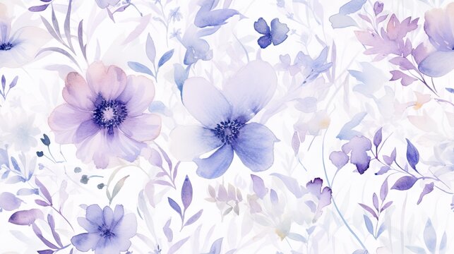 a watercolor painting of blue and purple flowers on a white background with a butterfly in the middle of the image.