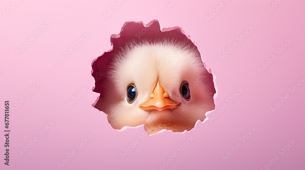Poster a close up of a bird with a hole in it's face on a pink background with a hole in the middle of the 