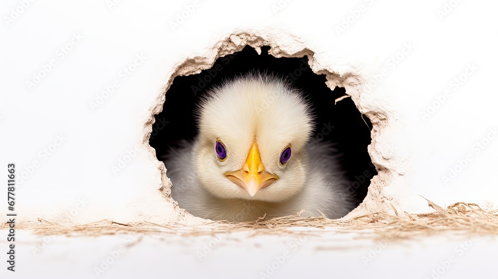 Poster a close up of a small bird looking out of a hole in the side of a wall with hay on the floor and a w