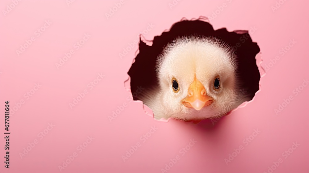 Poster a close up of a chicken looking out of a hole in a pink background with a pink background and a pink