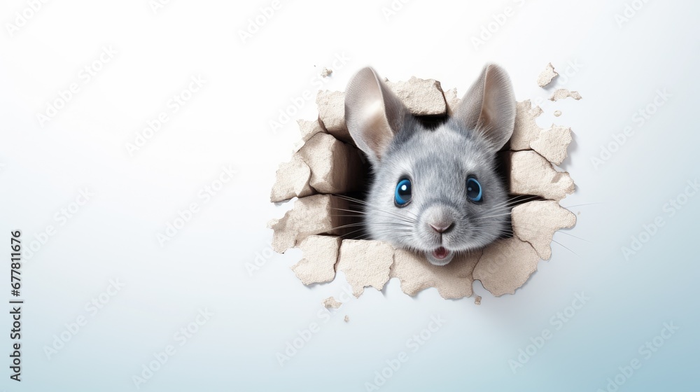 Poster a gray and white mouse peeking out of a hole in a white wall with a hole in the middle of it that ha