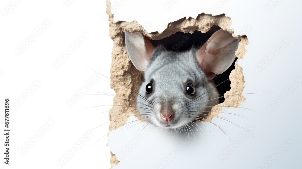 Poster a close up of a rat looking out of a hole in a wall with a hole in the side of it that has a hole in
